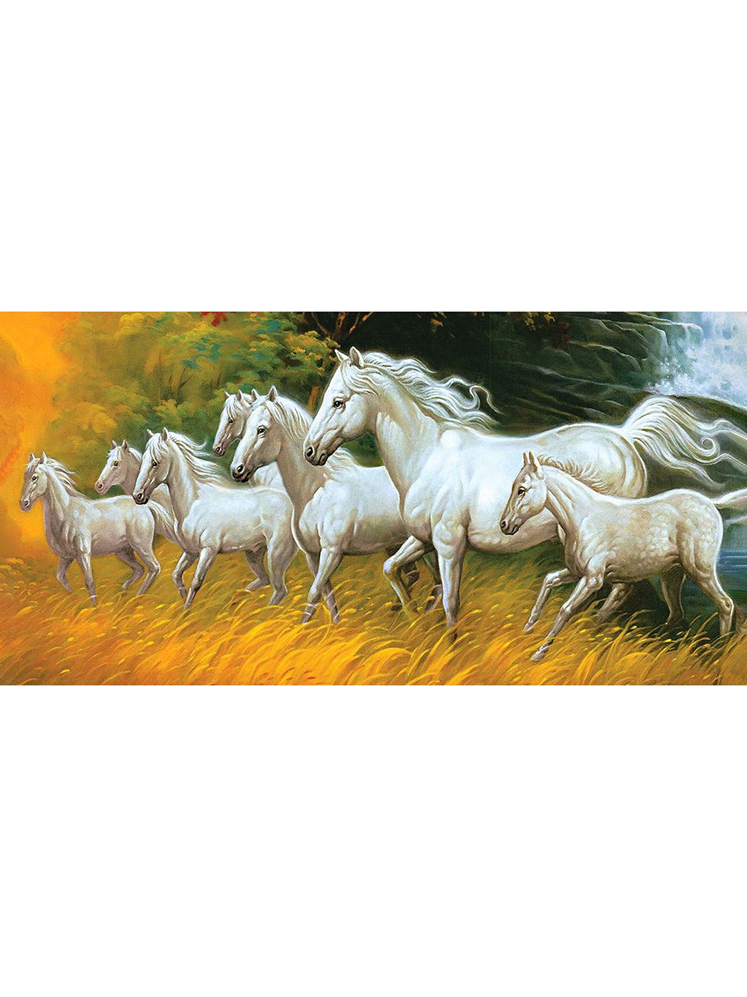 

British Terminal Yellow and Off-White Lucky Seven Horses Running at Sunrise Wall Poster