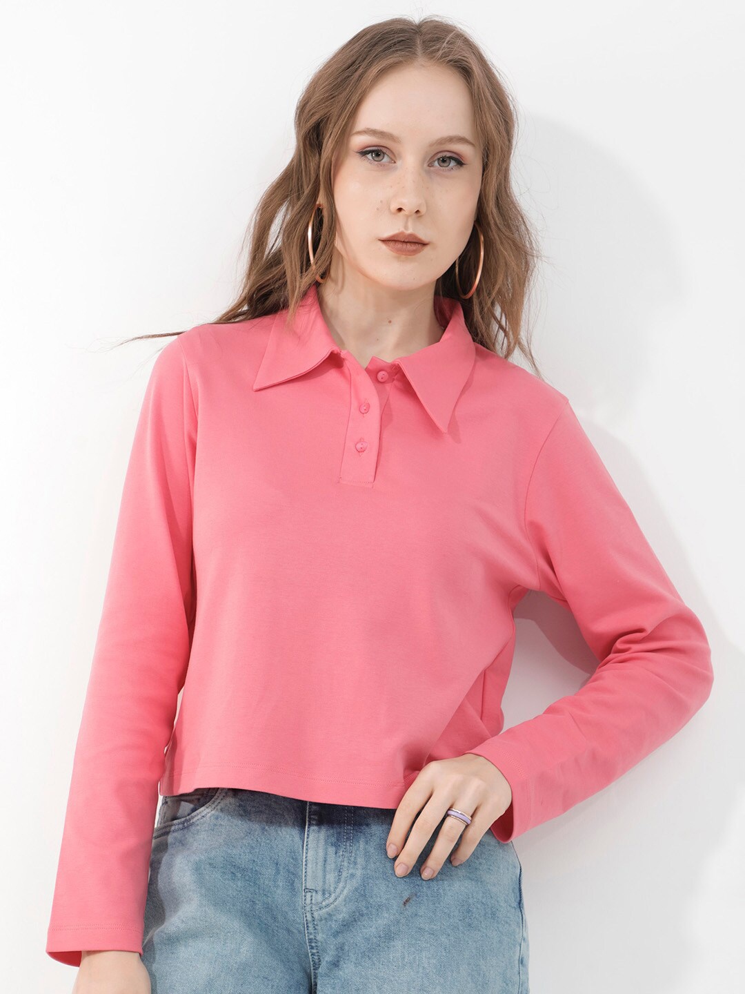 

RAREISM Shirt Collar Cotton Top, Peach