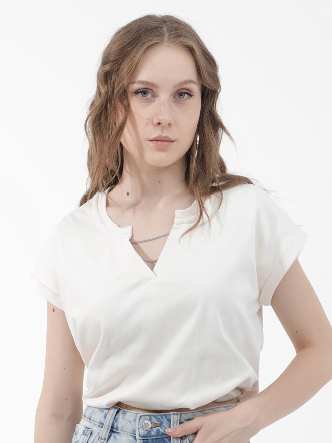 

RAREISM V-Neck Extended Sleeves Cotton Blouson Top, Off white