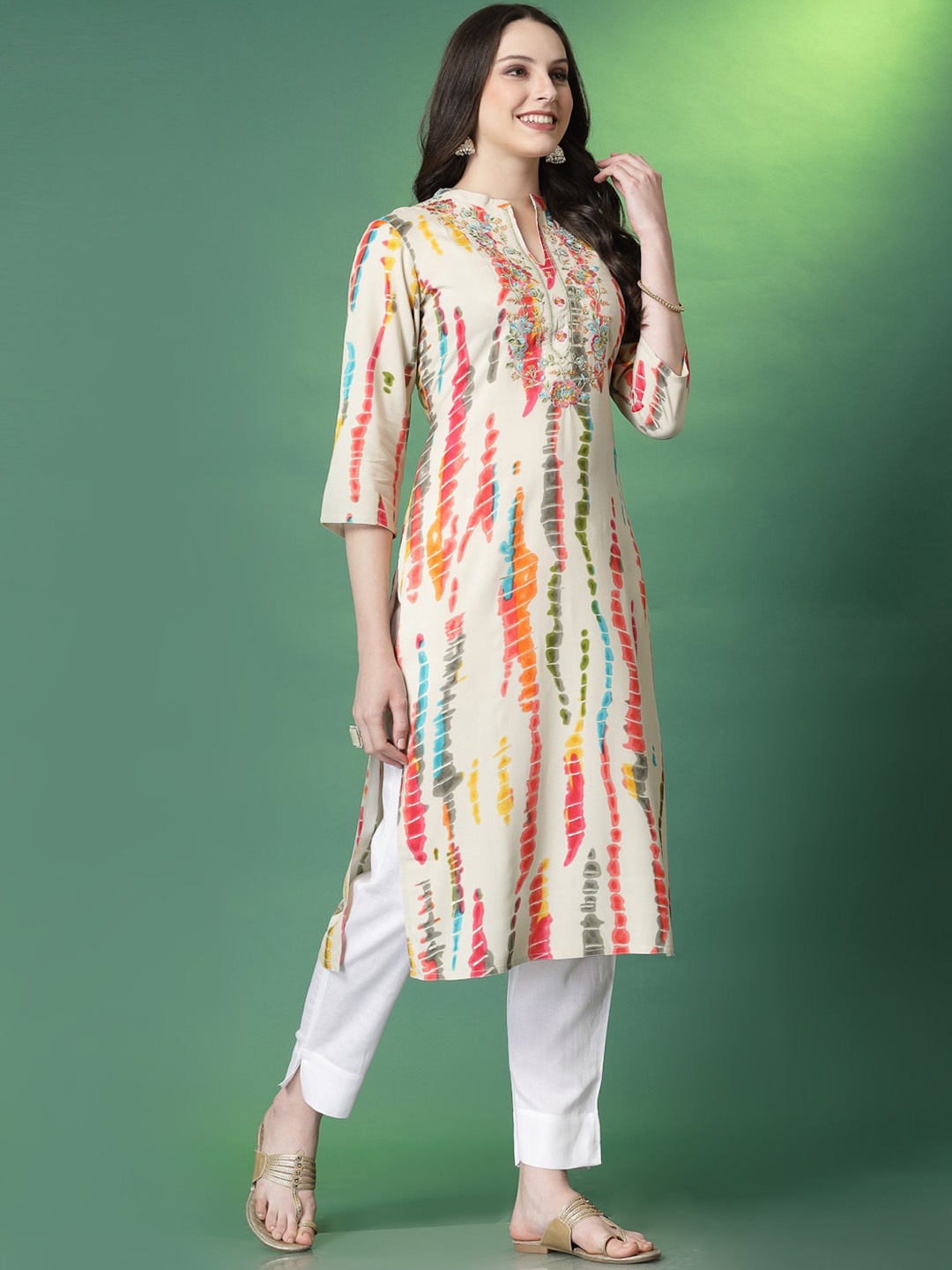

Sangria Tie & Dye Printed Band Collar Straight Kurta, Beige