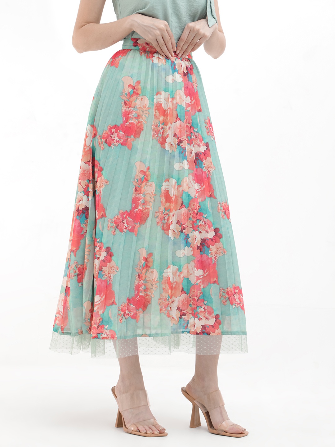 

RAREISM Floral Printed Flared Midi Skirt, Green