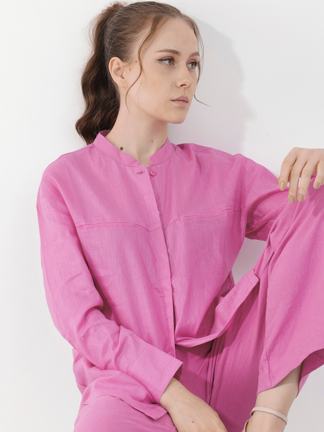 

RAREISM Standard Band Collar Opaque Linen Casual Shirt, Pink