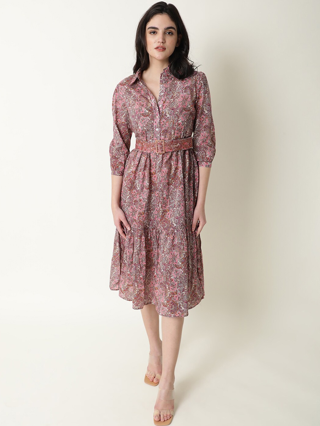 

RAREISM Floral Print Fit & Flare Cotton Midi Dress, Pink