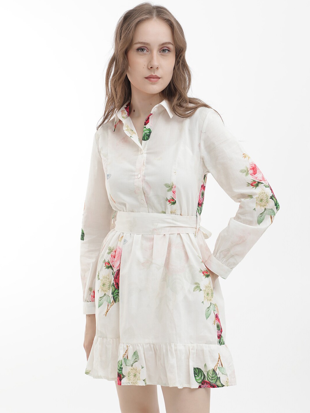 

RAREISM Floral Printed Cotton Fit & Flare Dress, Off white