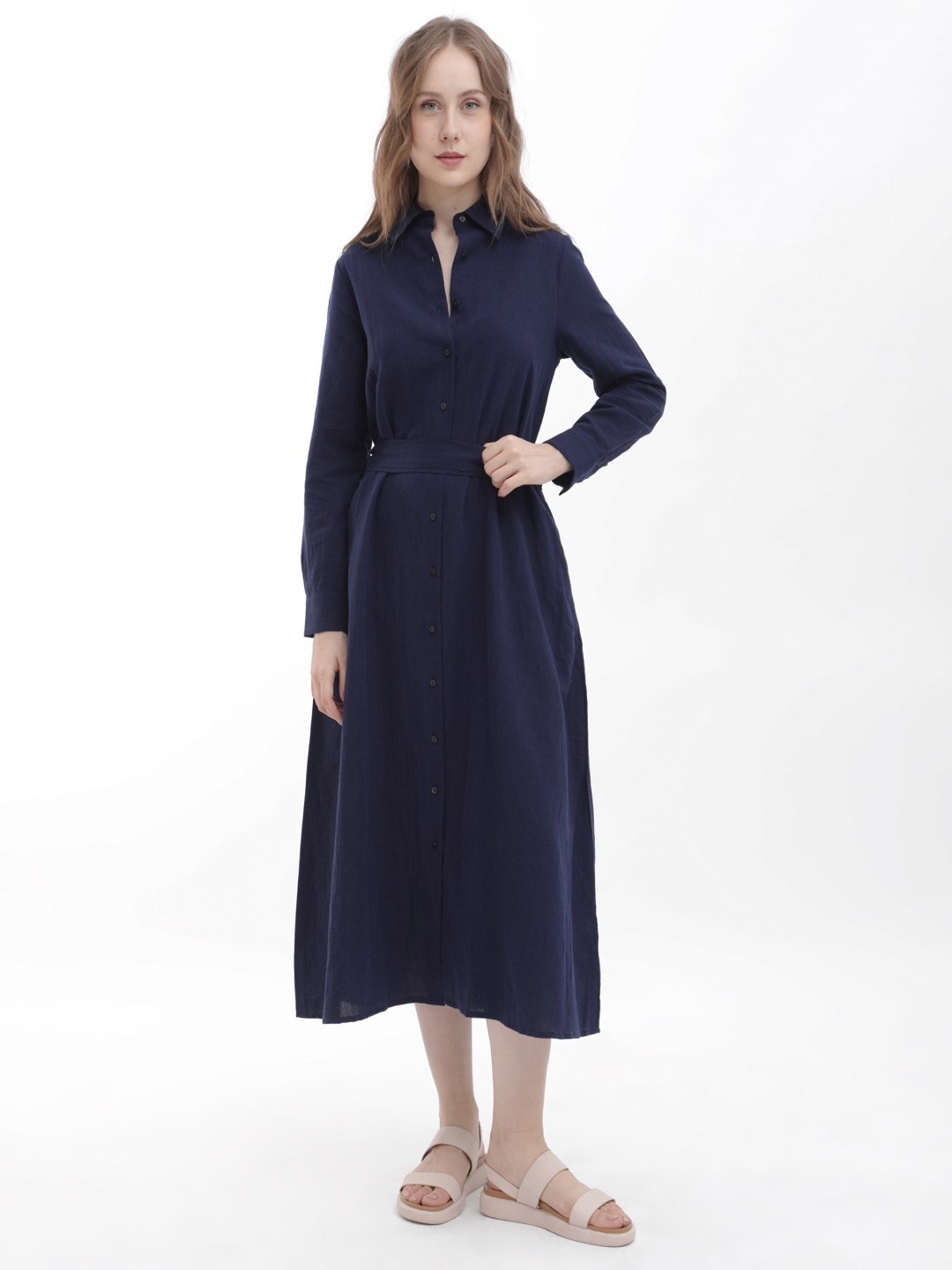 

RAREISM Shirt Collar A-Line Midi Dress, Navy blue