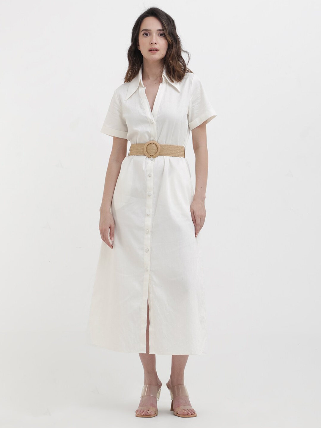 

RAREISM Shirt Collar Cotton A-Line Midi Dress, White