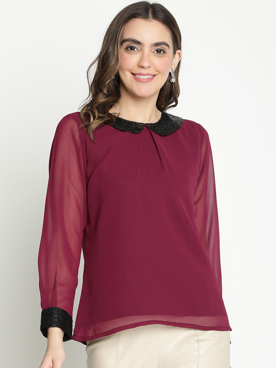 

DRAAX Fashions Peter Pan Collar Top, Maroon