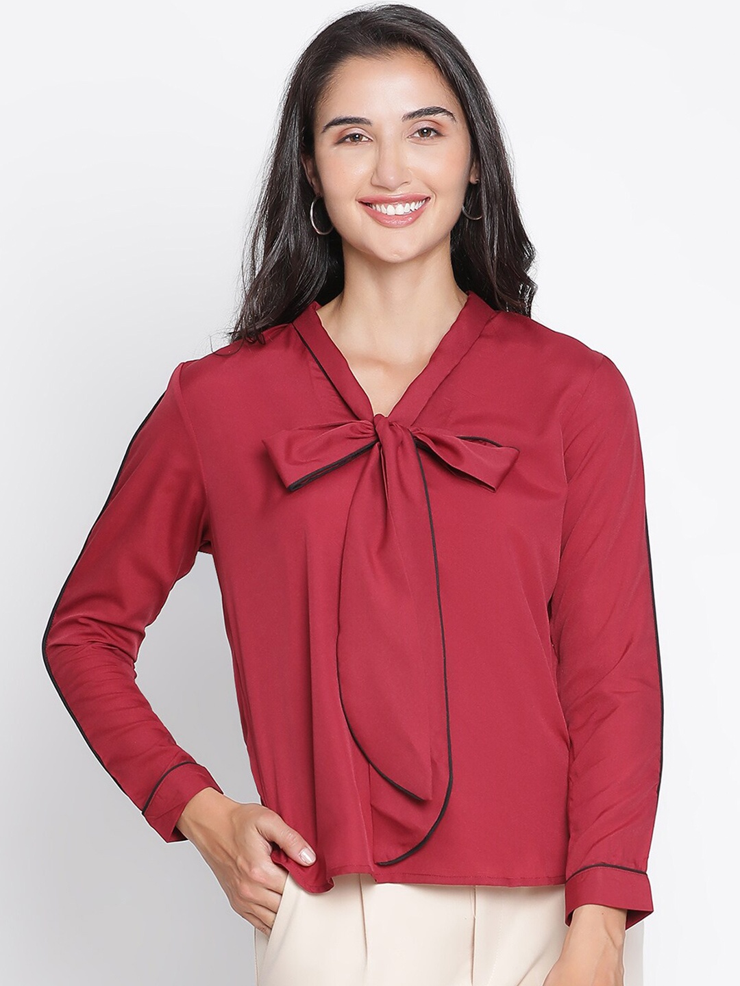 

DRAAX Fashions Tie-Up Neck Top, Maroon