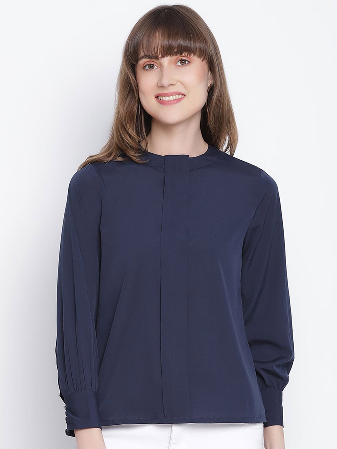 

DRAAX Fashions Mandarin Collar Top, Blue