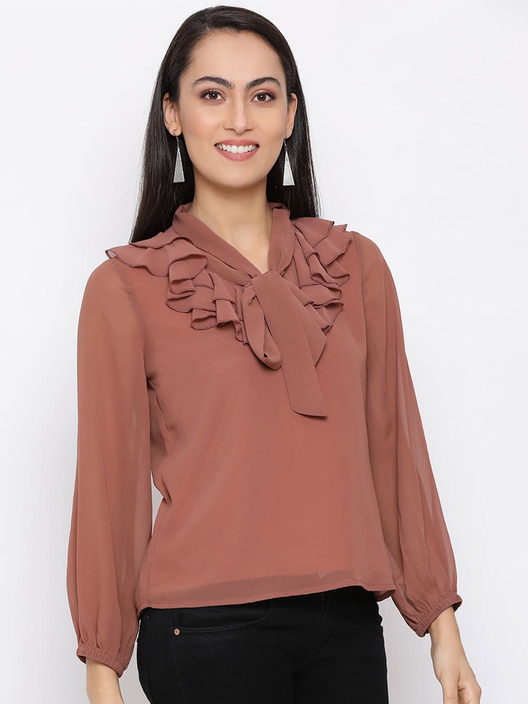 

DRAAX Fashions Tie-Up Neck Top, Brown