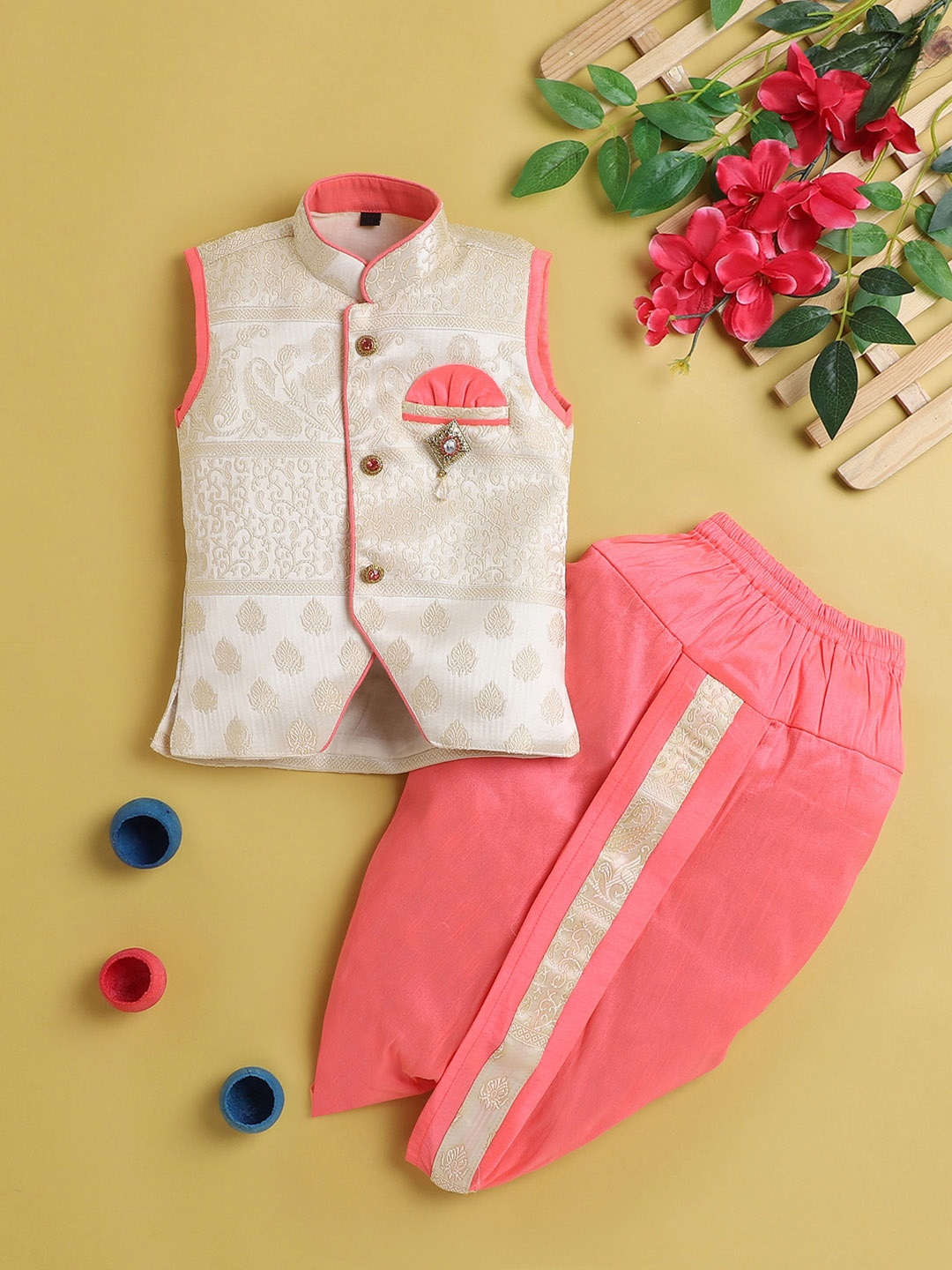 

Jeetethnics Boys Ethnic Motifs Regular Kurta with Dhoti Pants, Pink