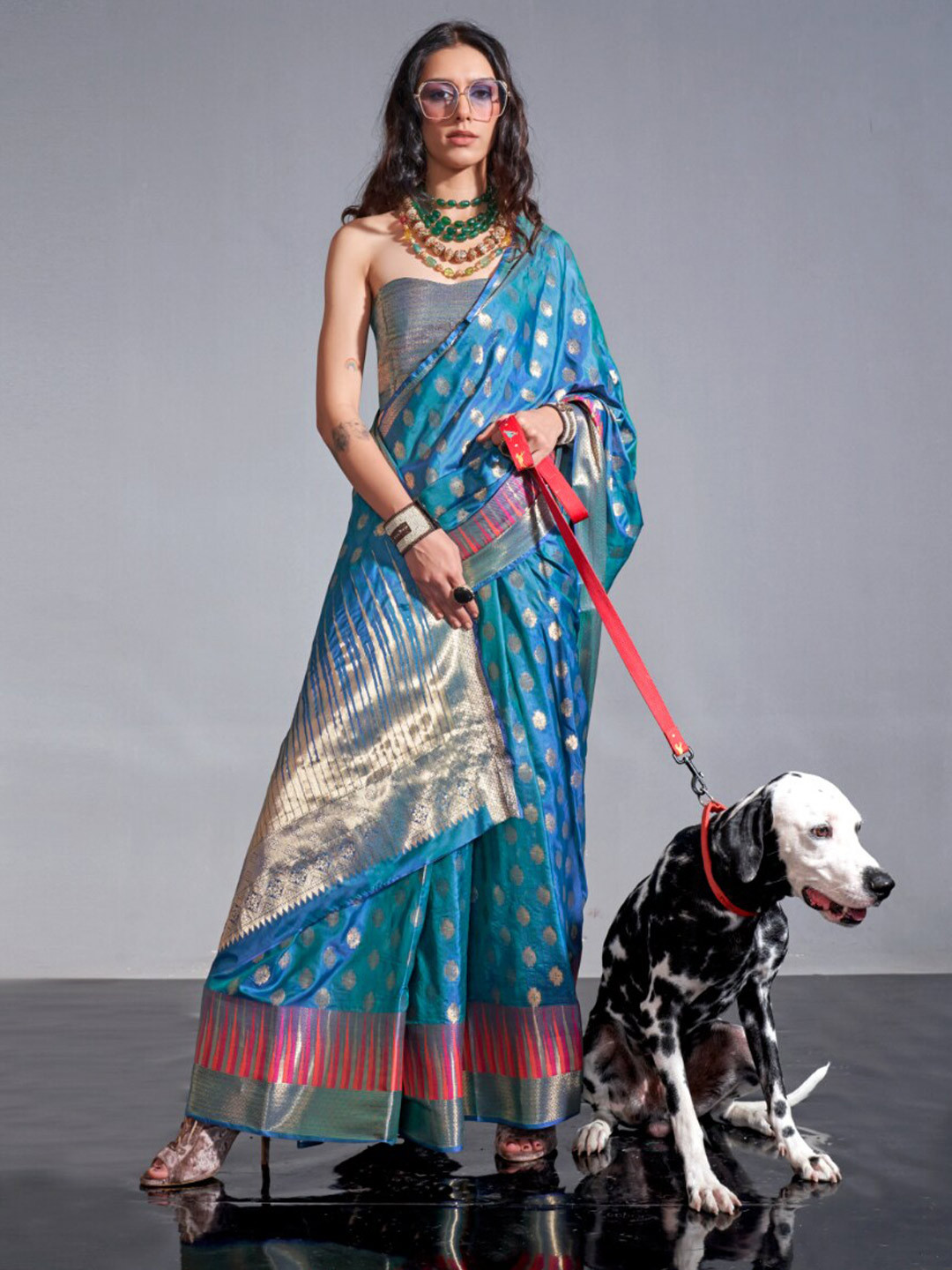 

NK Textiles Woven Design Zari Organza Banarasi Saree, Teal