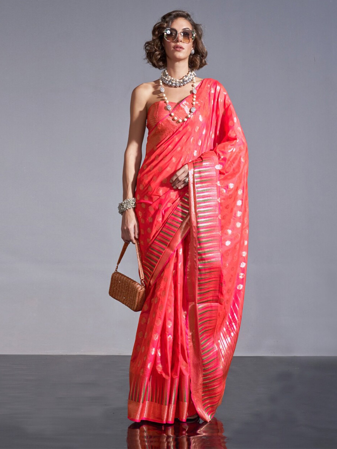 

NK Textiles Woven Design Zari Organza Banarasi Saree, Peach