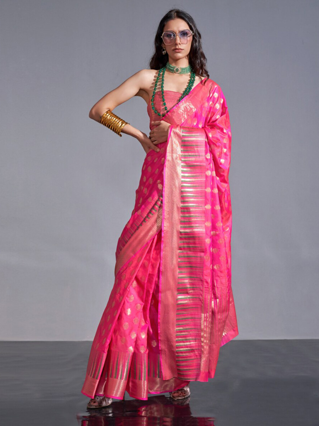 

NK Textiles Woven Design Zari Organza Banarasi Saree, Pink