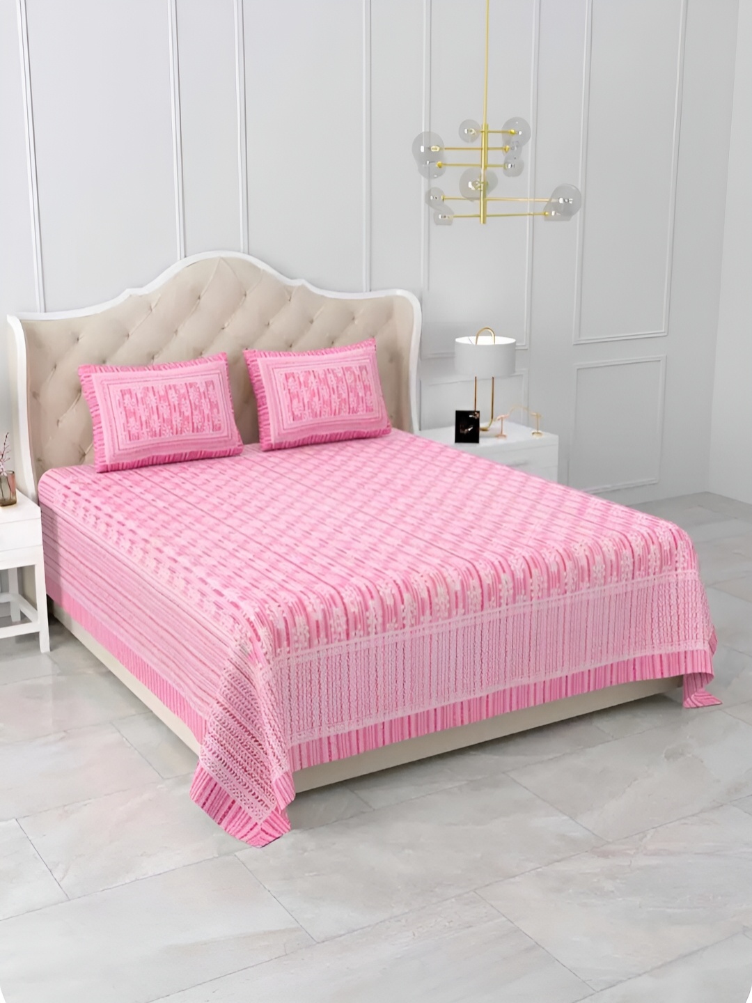 

Qfab Pink Floral 250 TC Cotton King Bedsheet with 2 Pillow Covers