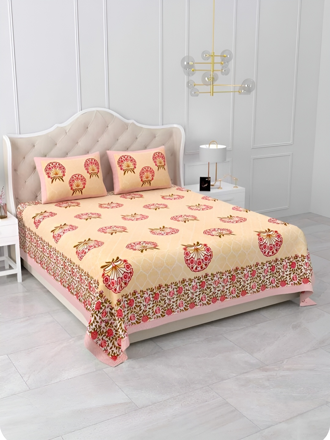 

Qfab Orange & Red Floral Printed Cotton 250 TC King Bedsheet With 2 Pillow Covers