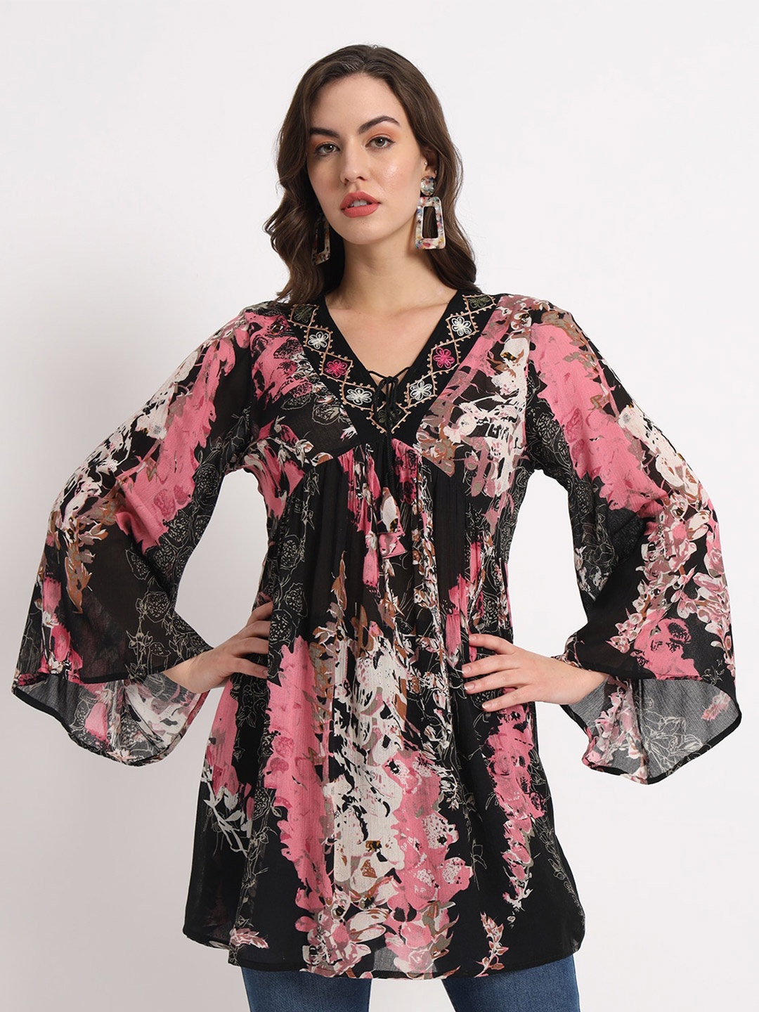 

VELDRESS Floral Print Flared Sleeve Bohemian Crepe Empire Longline Top, Pink