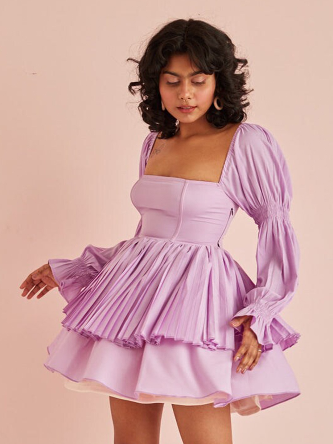 

Lea Clothing Co. Puff Sleeve Crepe Fit & Flare Dress, Lavender