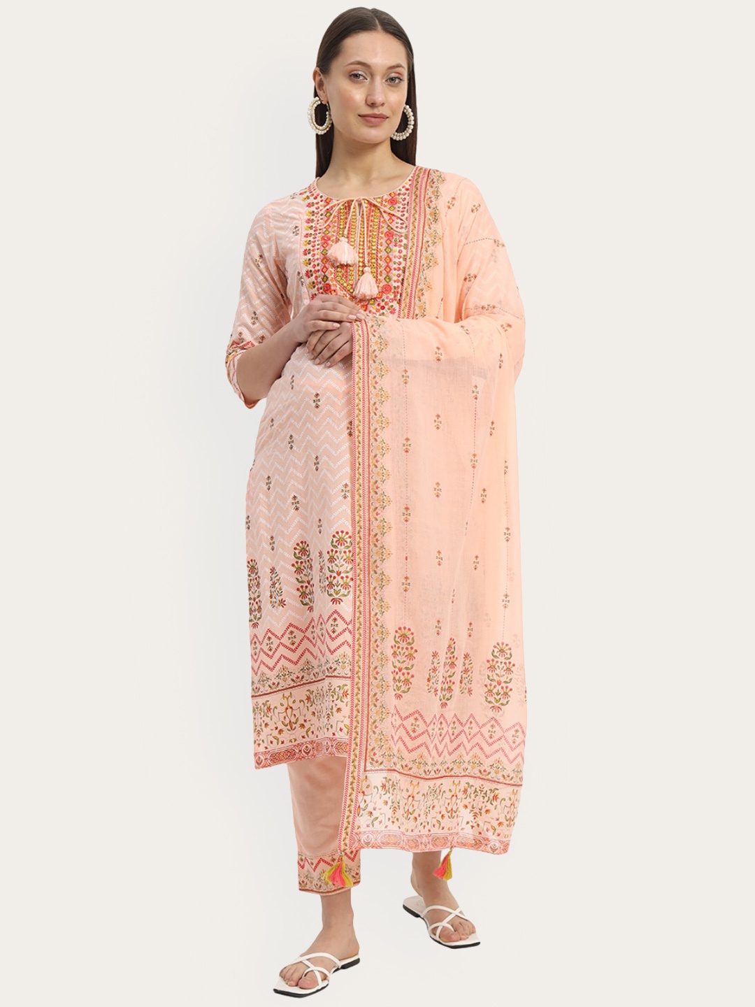 

mumzhug Women Ethnic Motifs Embroidered Regular Thread Work Pure Cotton Kurta with Trousers & With Dupatta, Peach