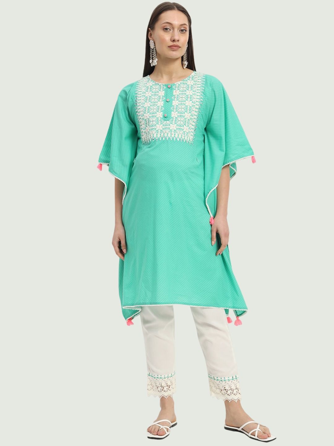 

mumzhug Women Embroidered Regular Thread Work Kurta with Trousers, Turquoise blue