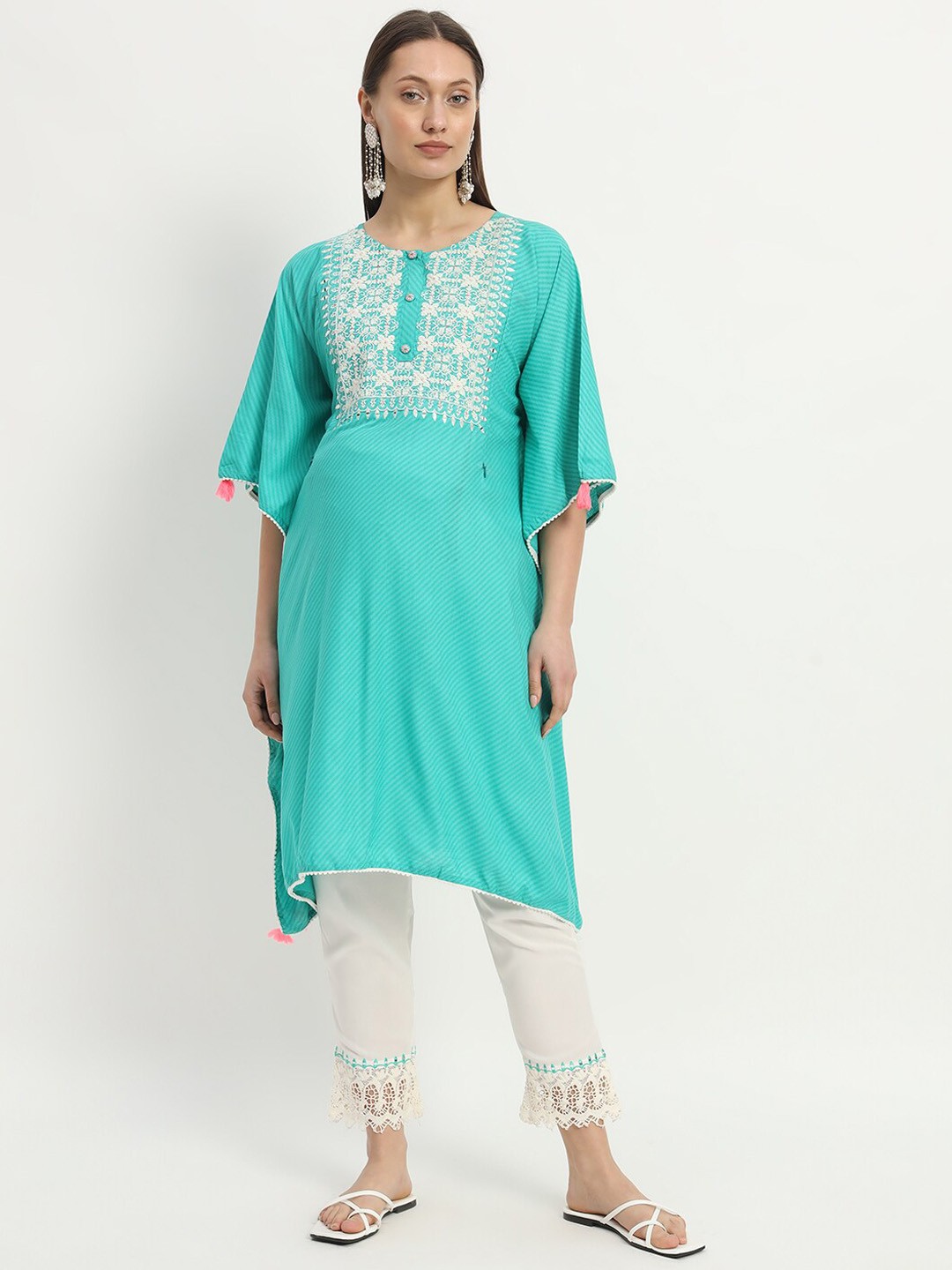 

mumzhug Women Striped Regular Thread Work Kurta with Trousers, Green