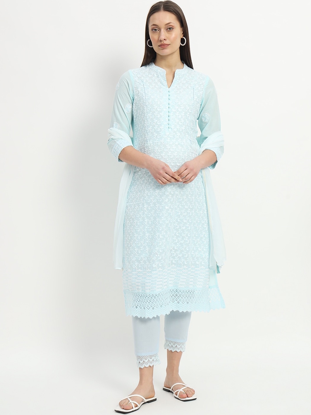 

mumzhug Women Ethnic Motifs Embroidered Regular Pure Cotton Kurta with Trousers & With Dupatta, Green