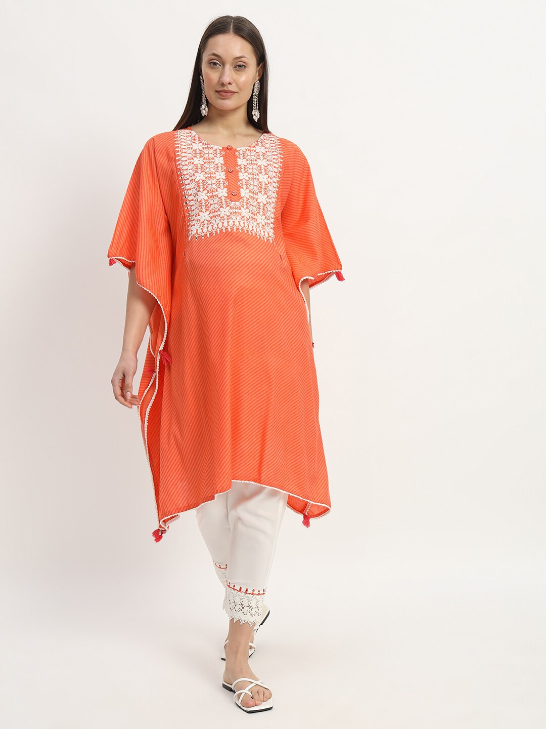

mumzhug Women Leheriya Printed Regular Thread Work Kurta with Trousers, Orange