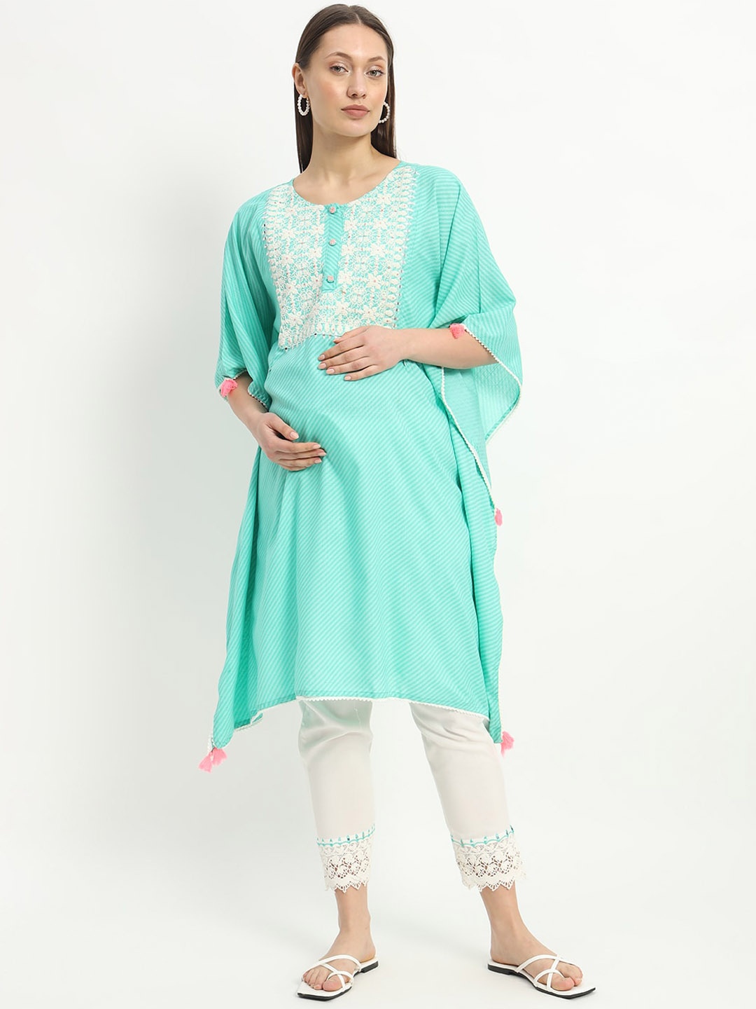 

mumzhug Women Striped Regular Thread Work Kurta with Trousers, Green