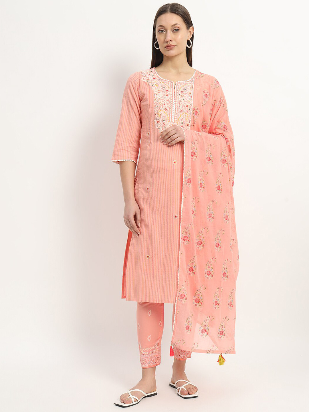 

mumzhug Women Striped Regular Thread Work Pure Cotton Kurta with Trousers & With Dupatta, Peach