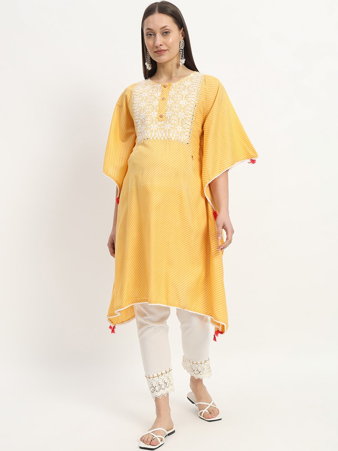 

mumzhug Women Floral Embroidered Regular Thread Work Kurta with Trousers, Yellow