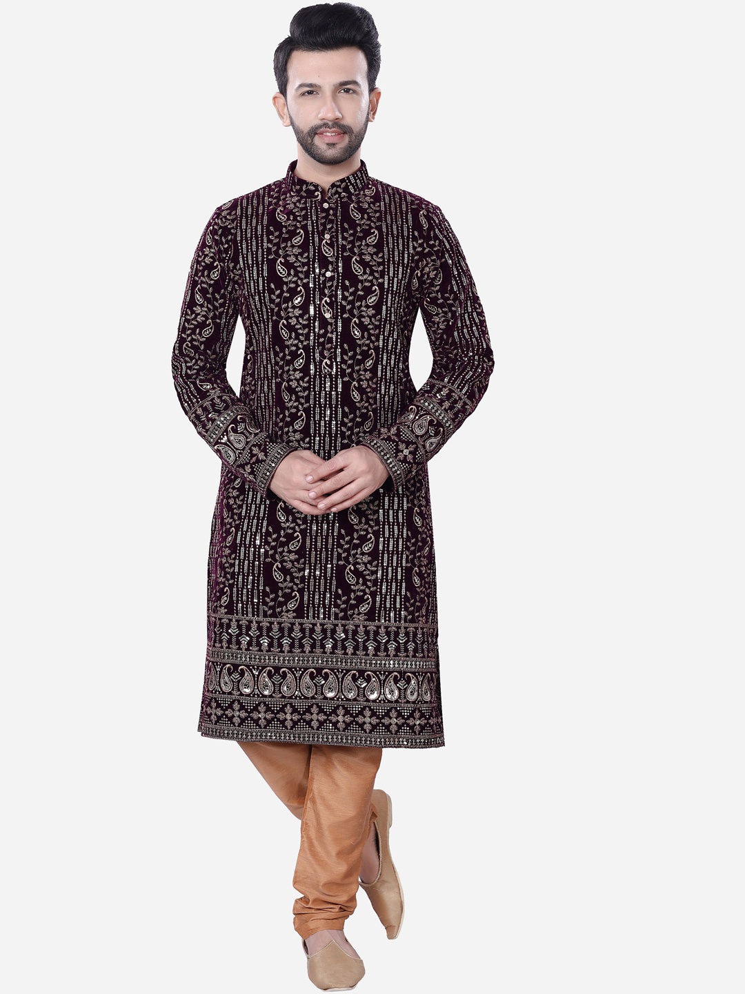 

Avaeta Paisley Embroidered Regular Chikankari Velvet Kurta with Pyjamas, Purple