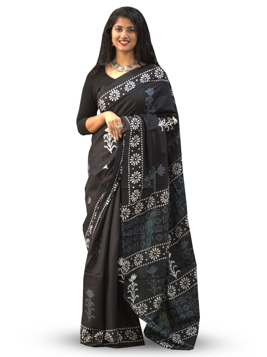 

GK FASHION Floral Printed Pure Cotton Saree, Black