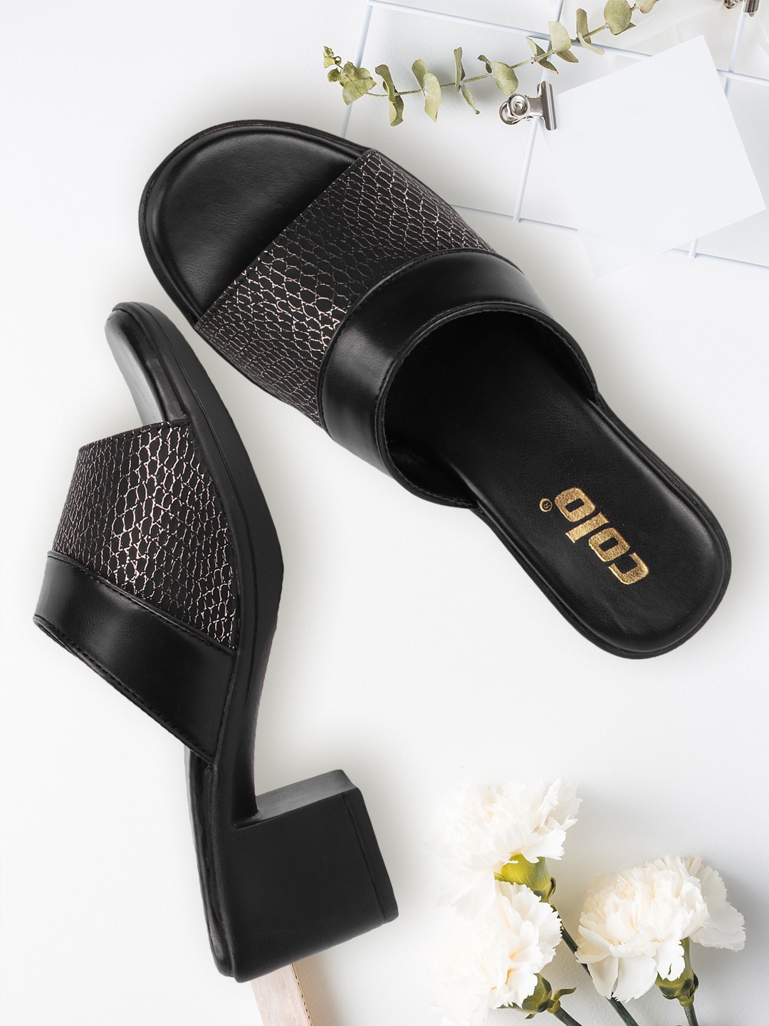 

Colo Textured Block Sandals with Buckles, Black