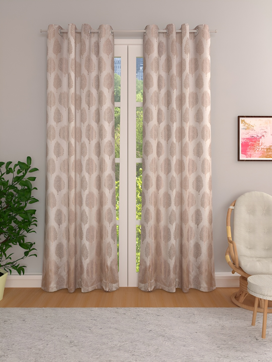 

THE CONVERSION Beige Set of 2 Floral Room Darkening Long Door Curtain