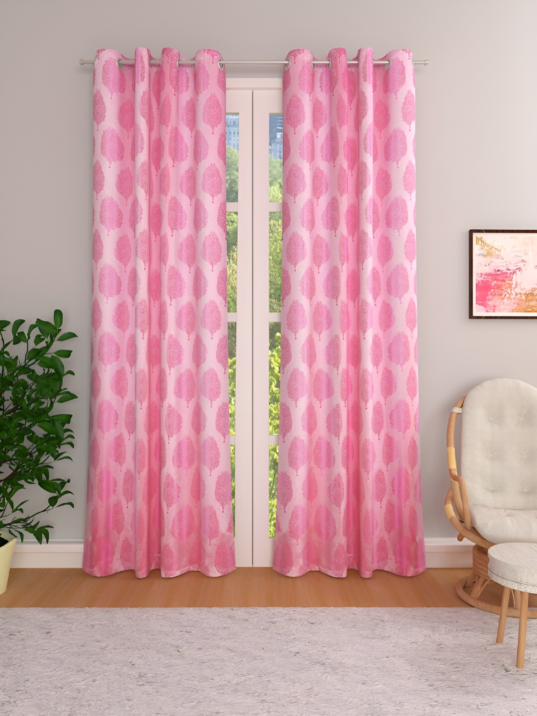 THE CONVERSION Pink Set of 2 Floral Room Darkening Long Door Curtain