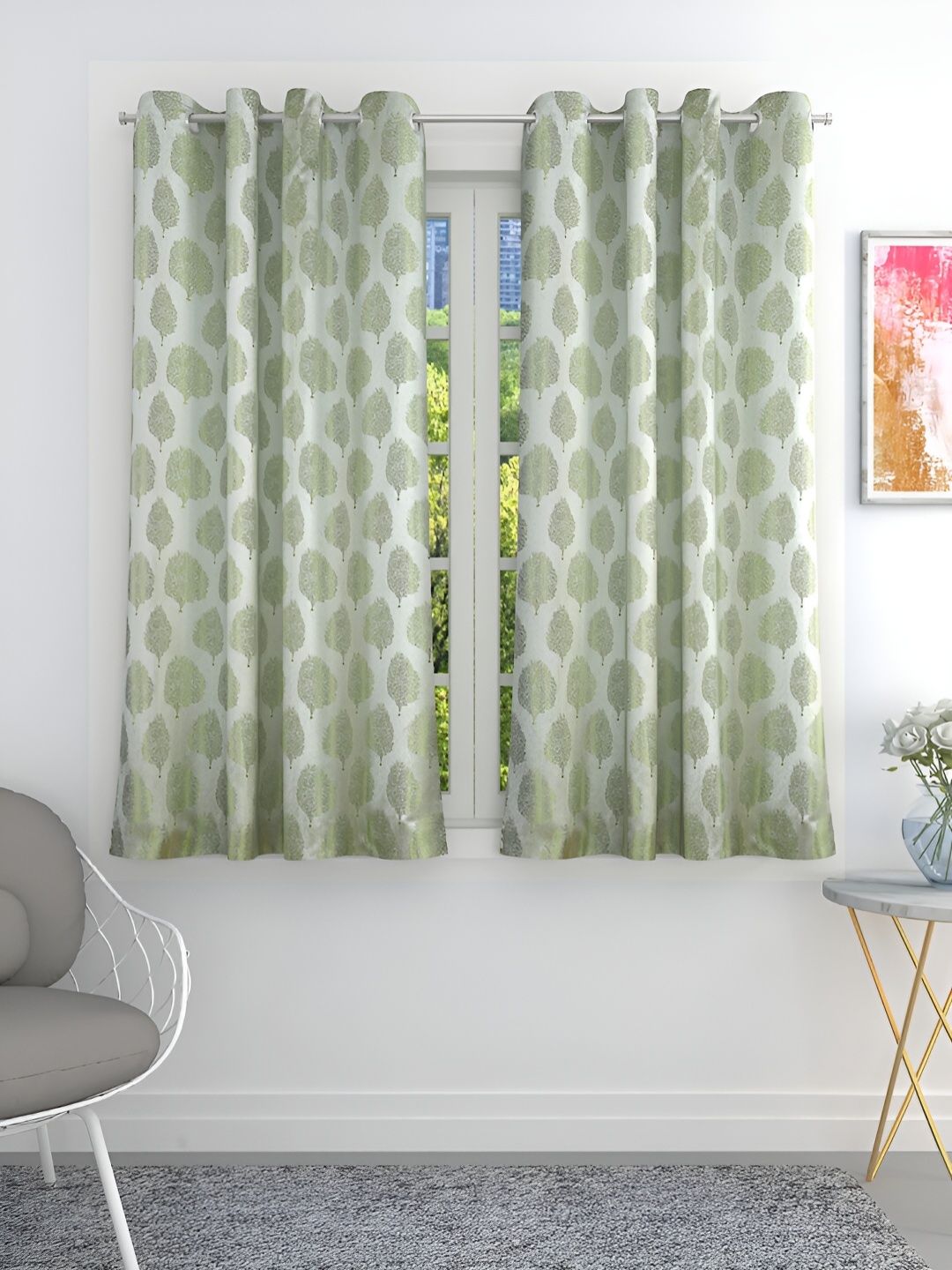 

THE CONVERSION Green Set of 2 Floral Room Darkening Window Curtain