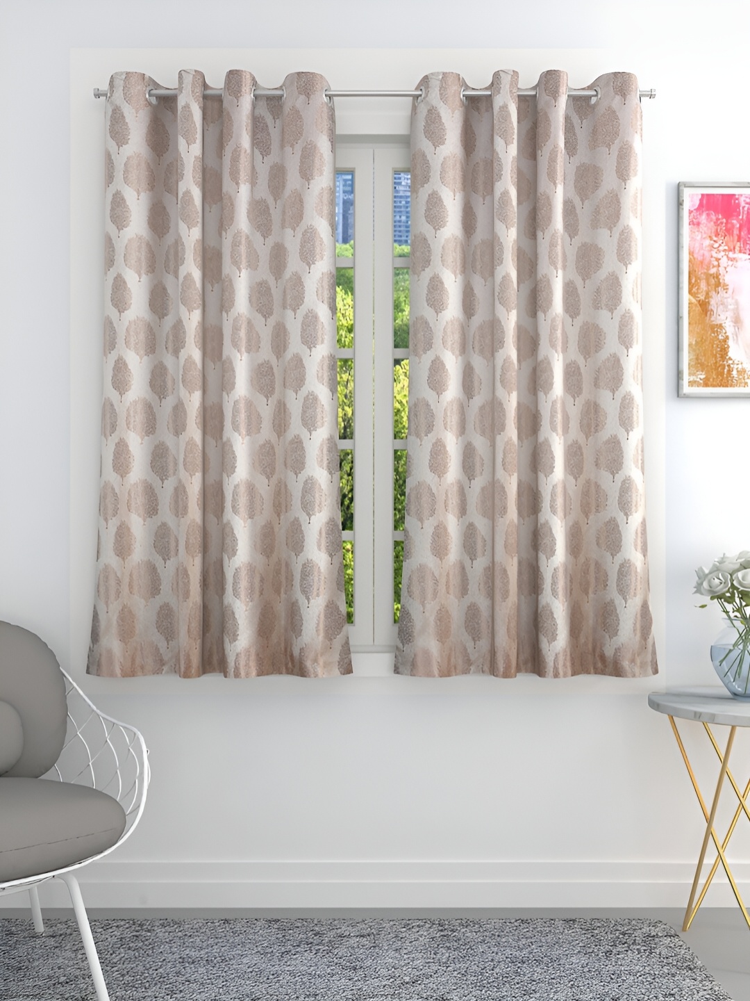 

THE CONVERSION Beige Set of 2 Floral Room Darkening Window Curtain