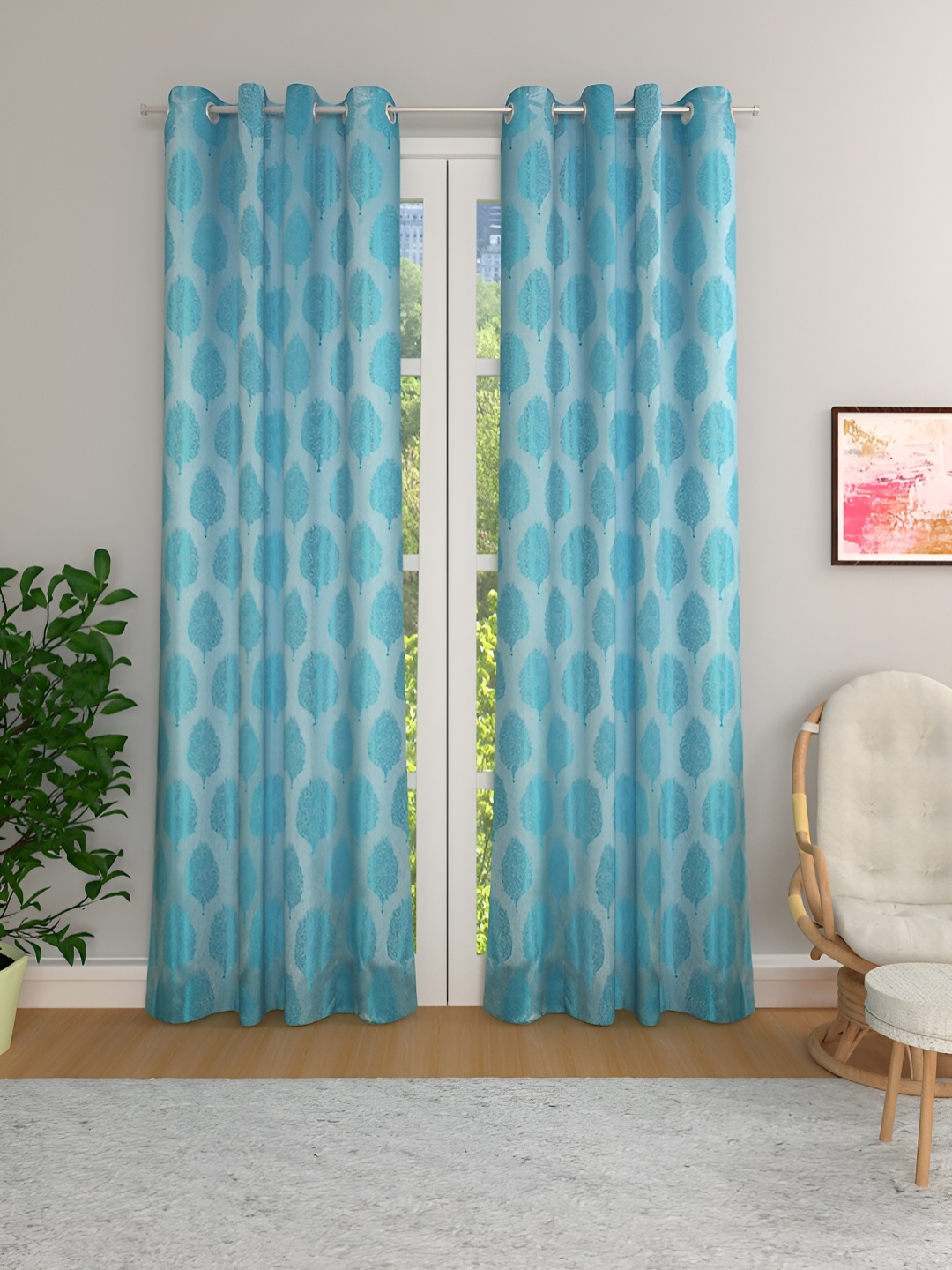 

THE CONVERSION Turquoise Blue Set of 2 Floral Room Darkening Door Curtain