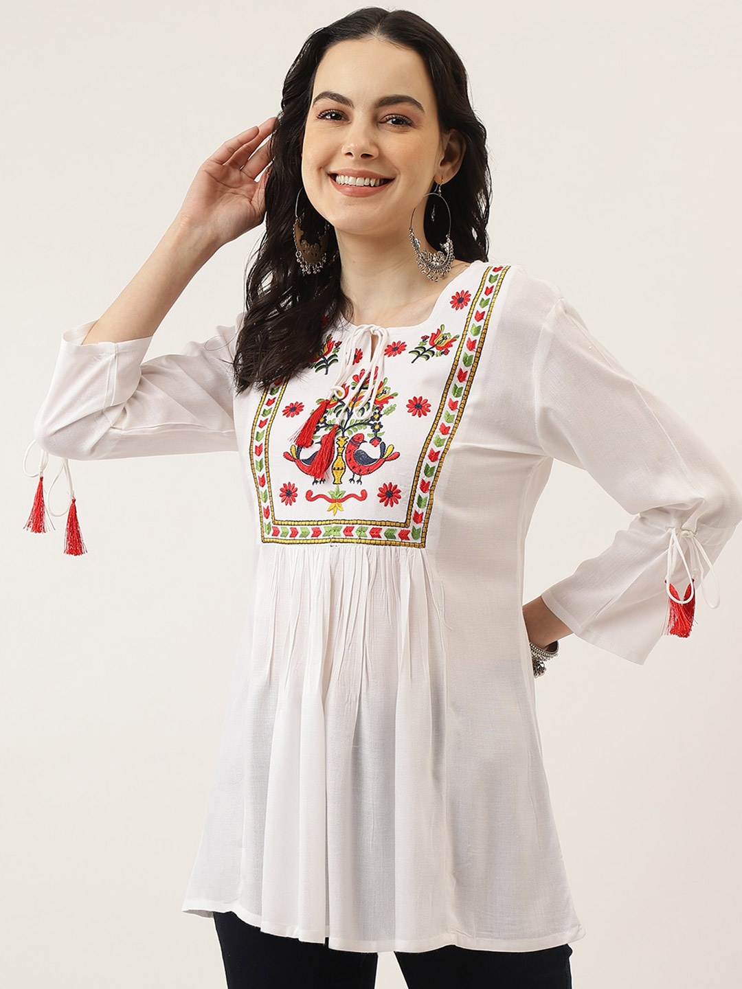 

Mandvi Floral Print Tie-Up Neck Bell Sleeve Top, White