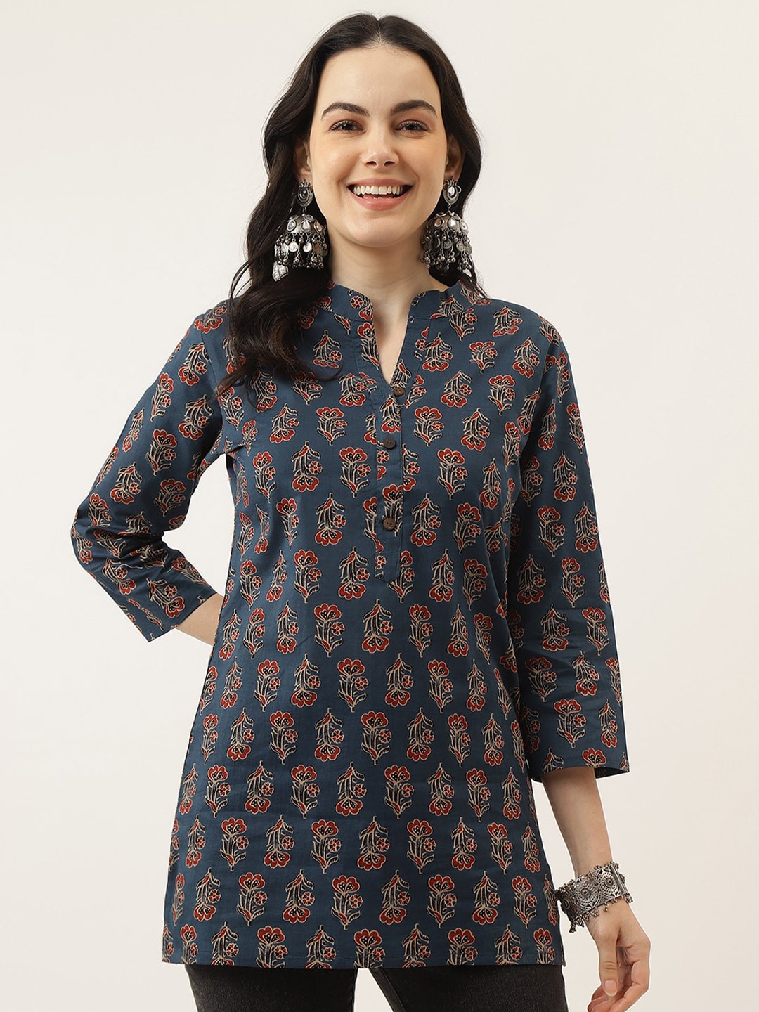 

Mandvi Print Mandarin Collar Cotton Top, Multi