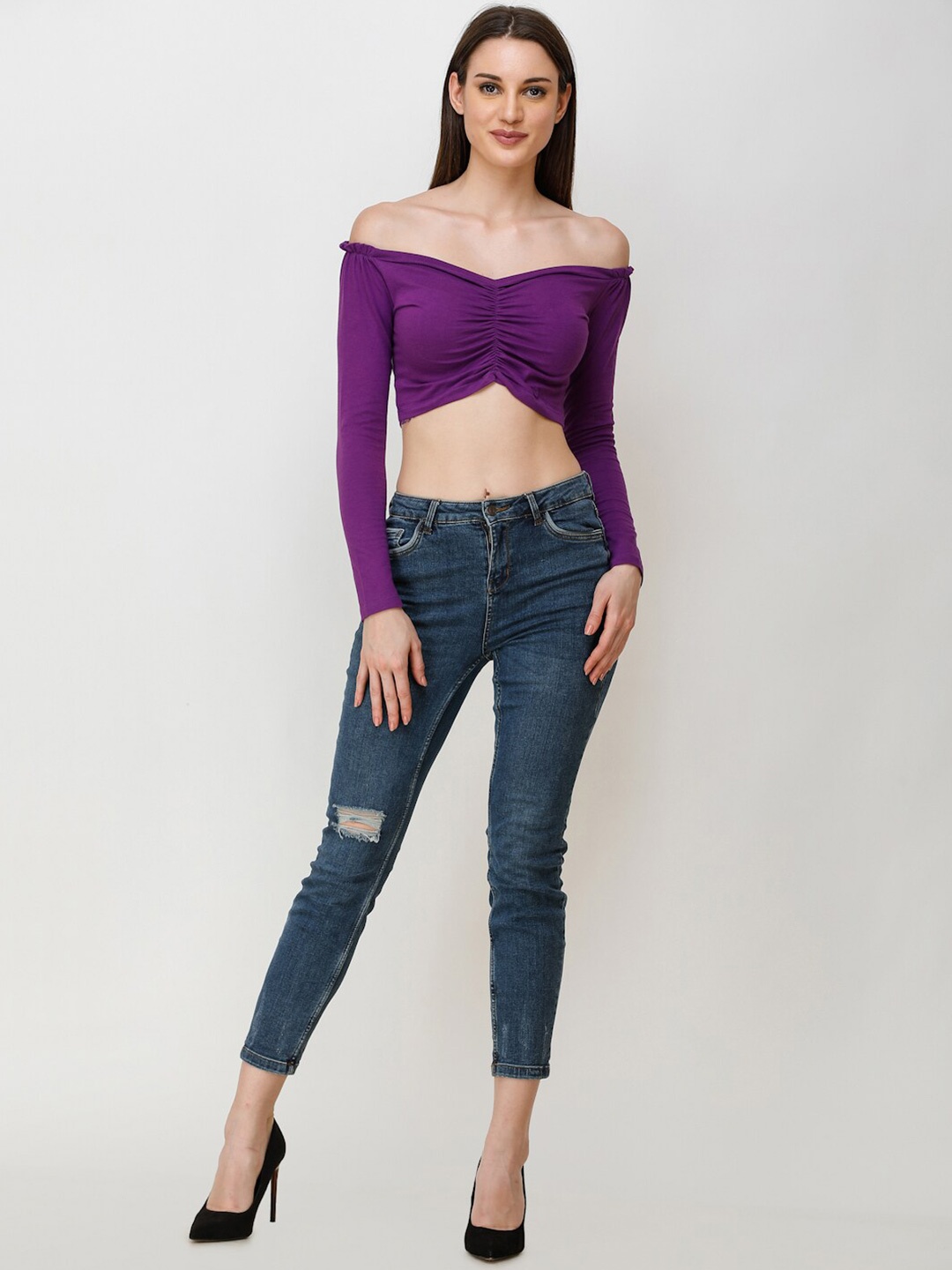 

MINOS Off-Shoulder Cotton Bardot Crop Top, Purple