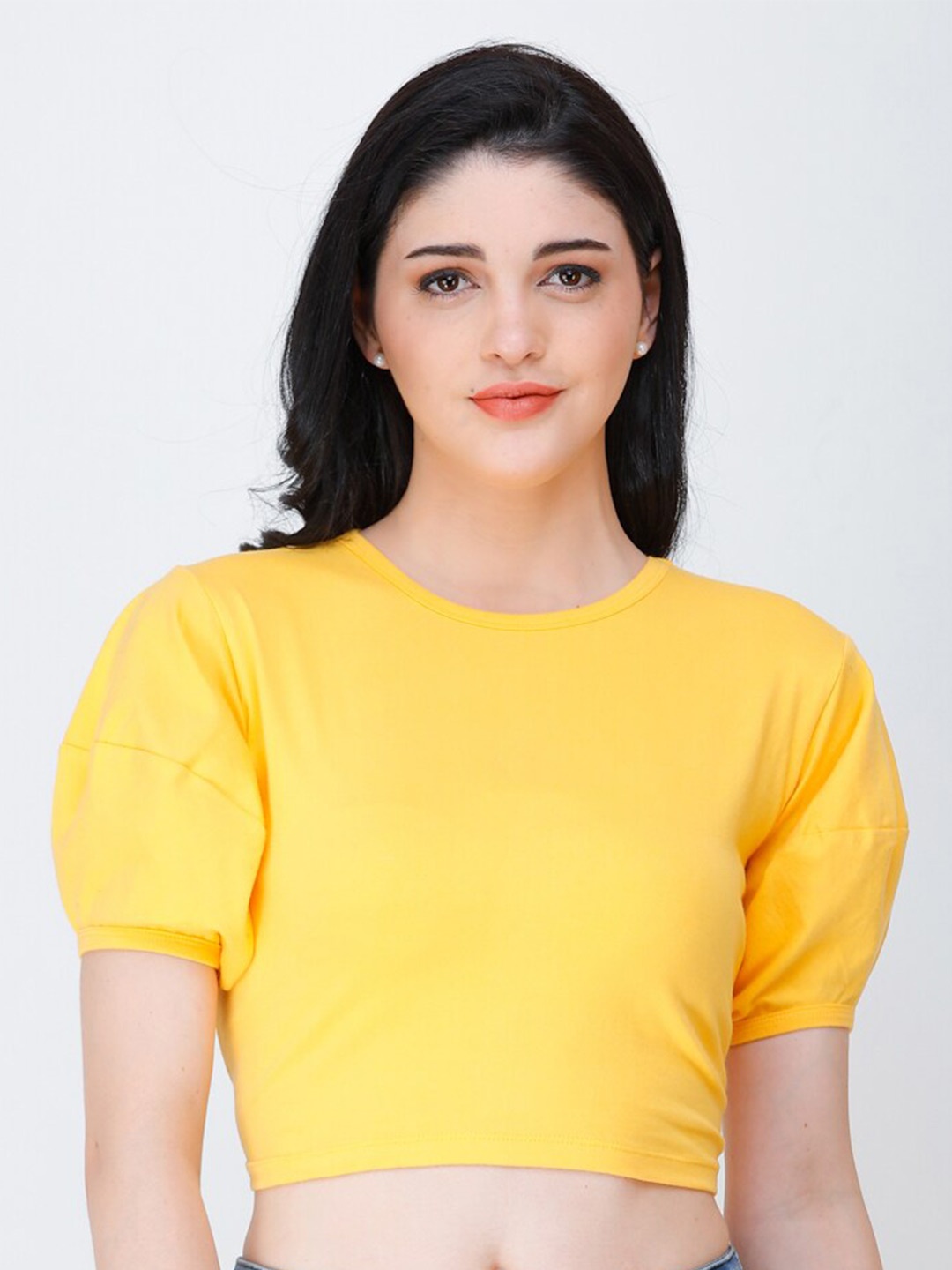 

MINOS Puff Sleeve Cotton Crop Top, Yellow
