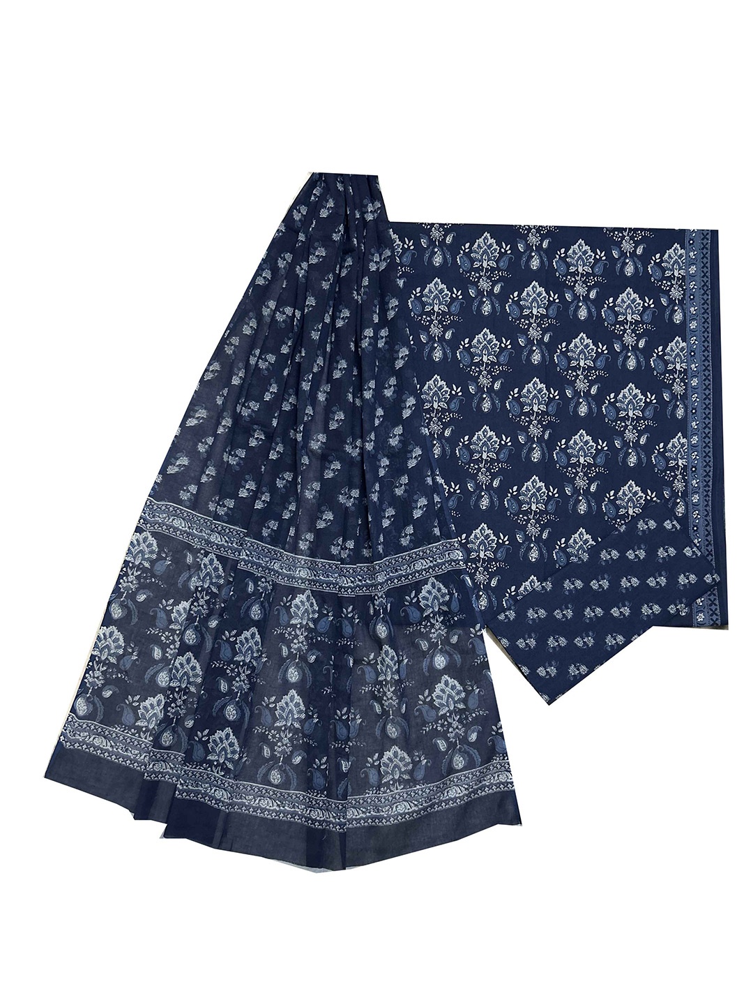 

GK FASHION Floral Block Printed Pure Cotton Unstitched Dress Material, Navy blue