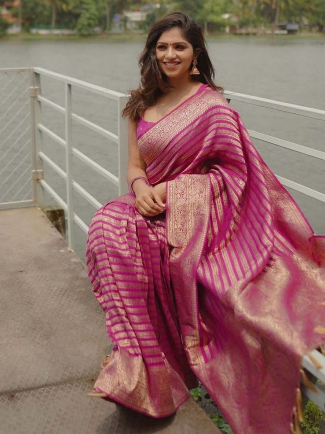 

Jinal & Jinal Striped Woven Design Zari Art Silk Banarasi Saree, Pink