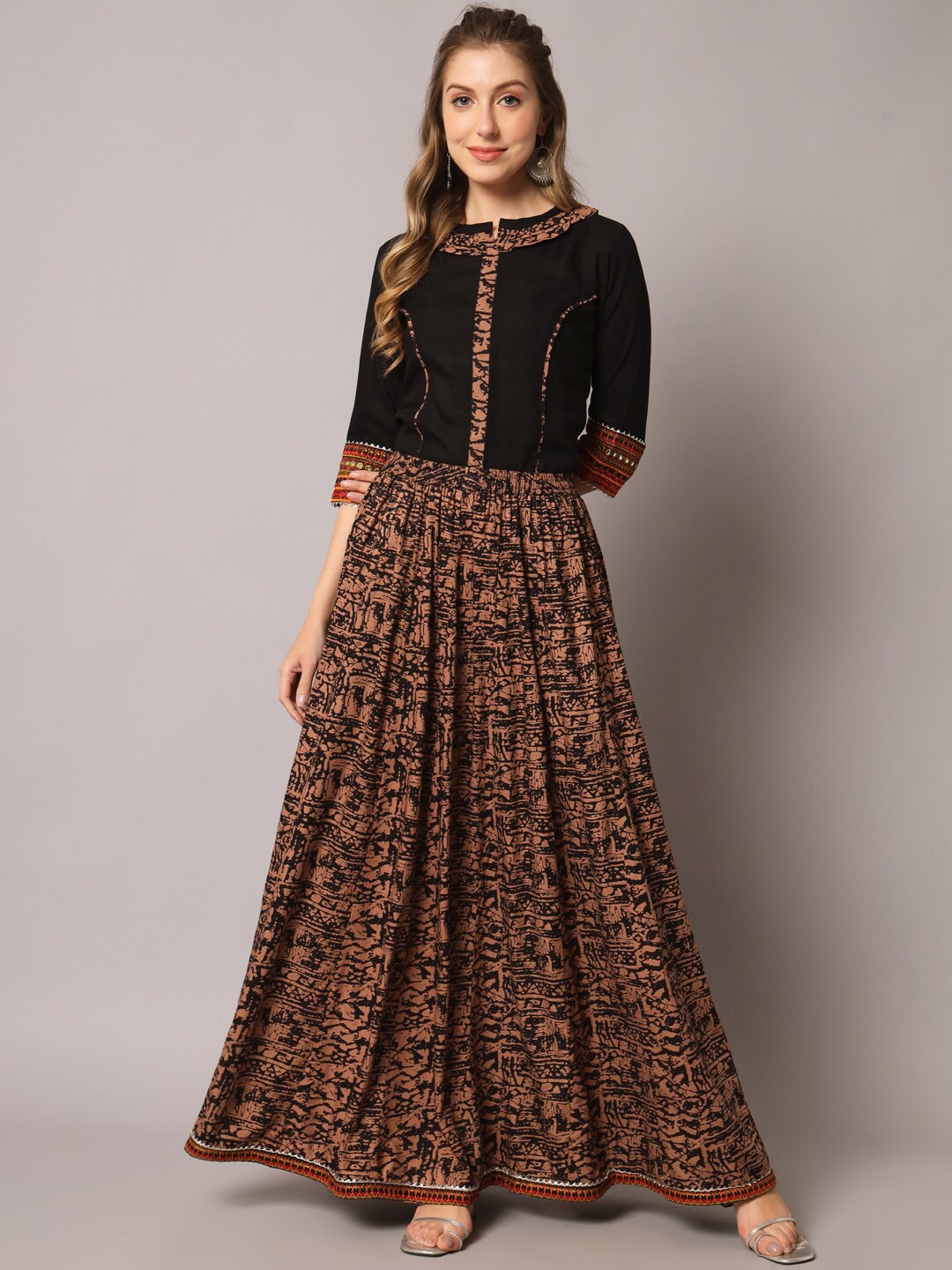 

KALINI Printed Thread Work Maxi Top With Skirt, Brown