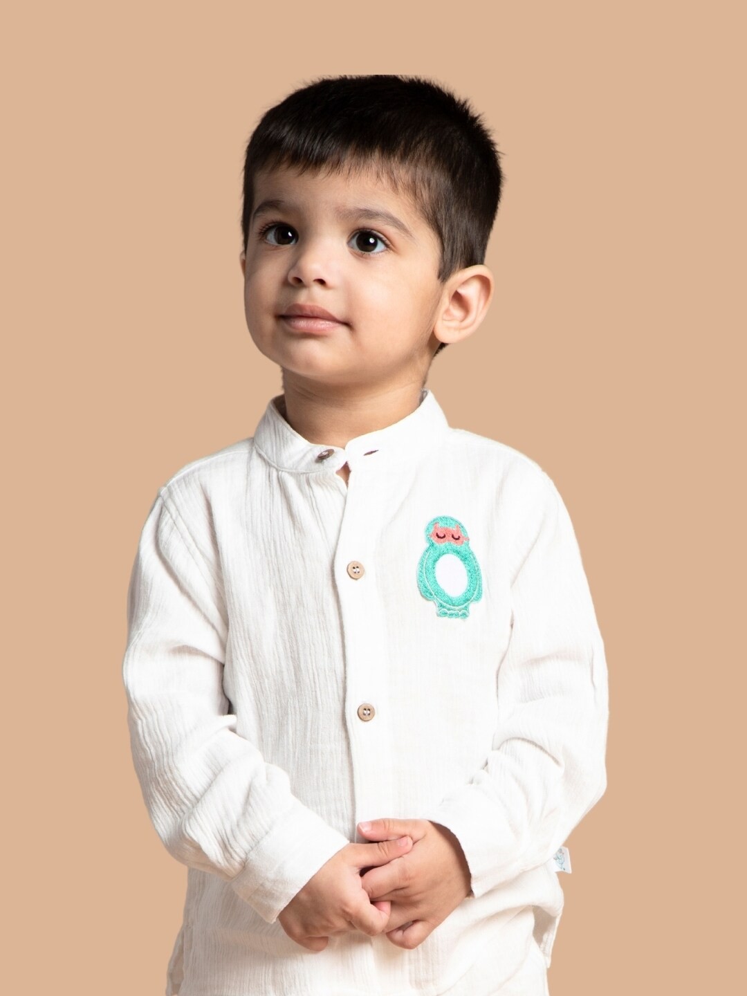 

Greendeer Kids Mandarin Collar Pure Cotton Shirt with Trousers, White