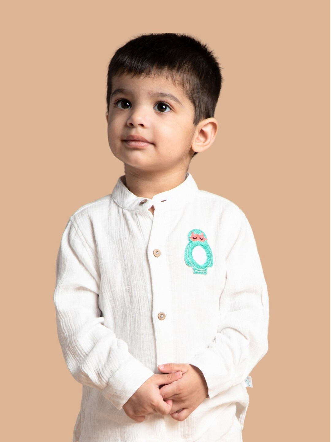 

Greendeer Kids Mandarin Collar Pure Cotton Shirt with Trousers, White