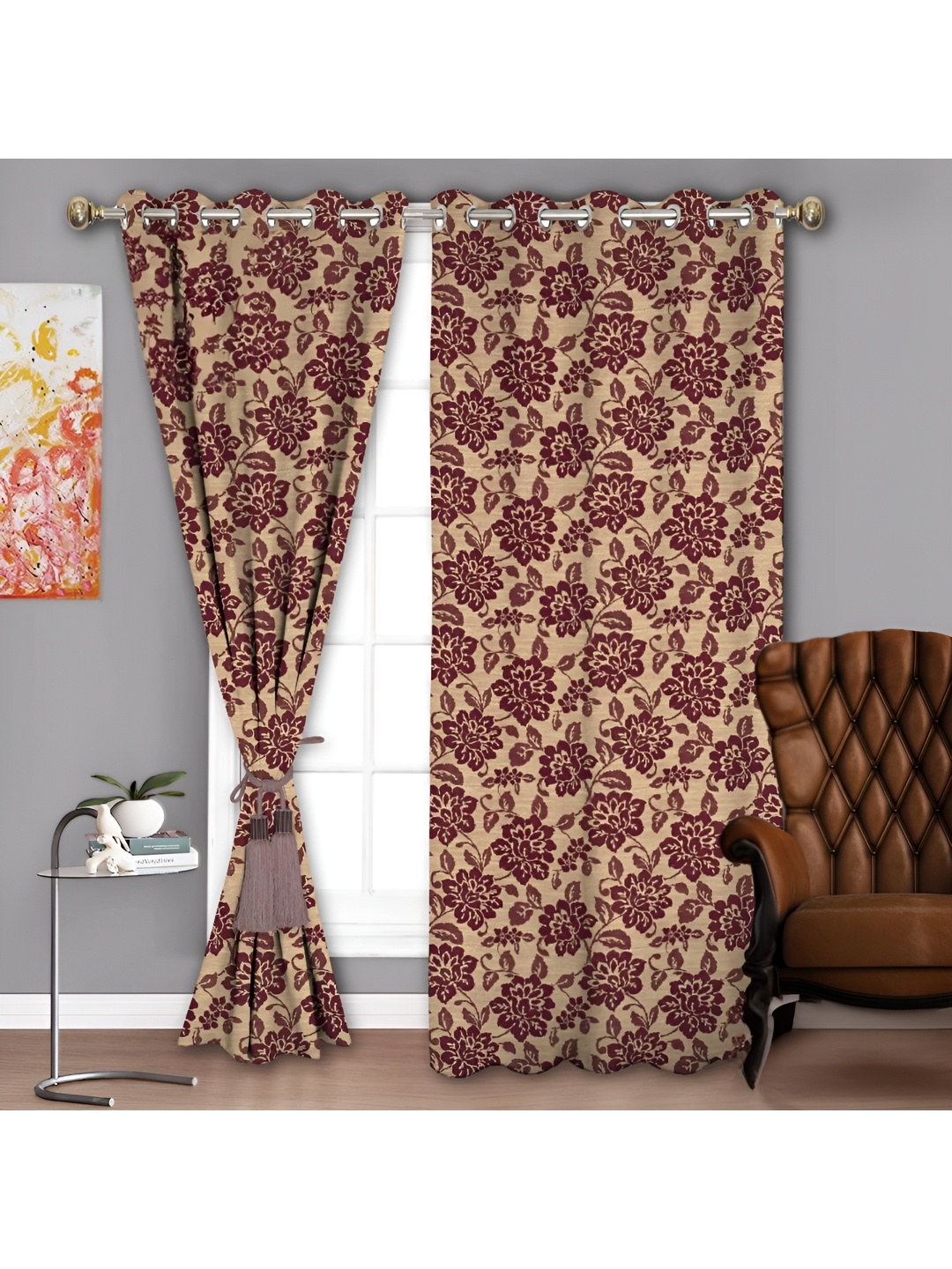 

Parda Sansar Beige & Brown 2 Pieces Floral Room Darkening Long Door Curtains