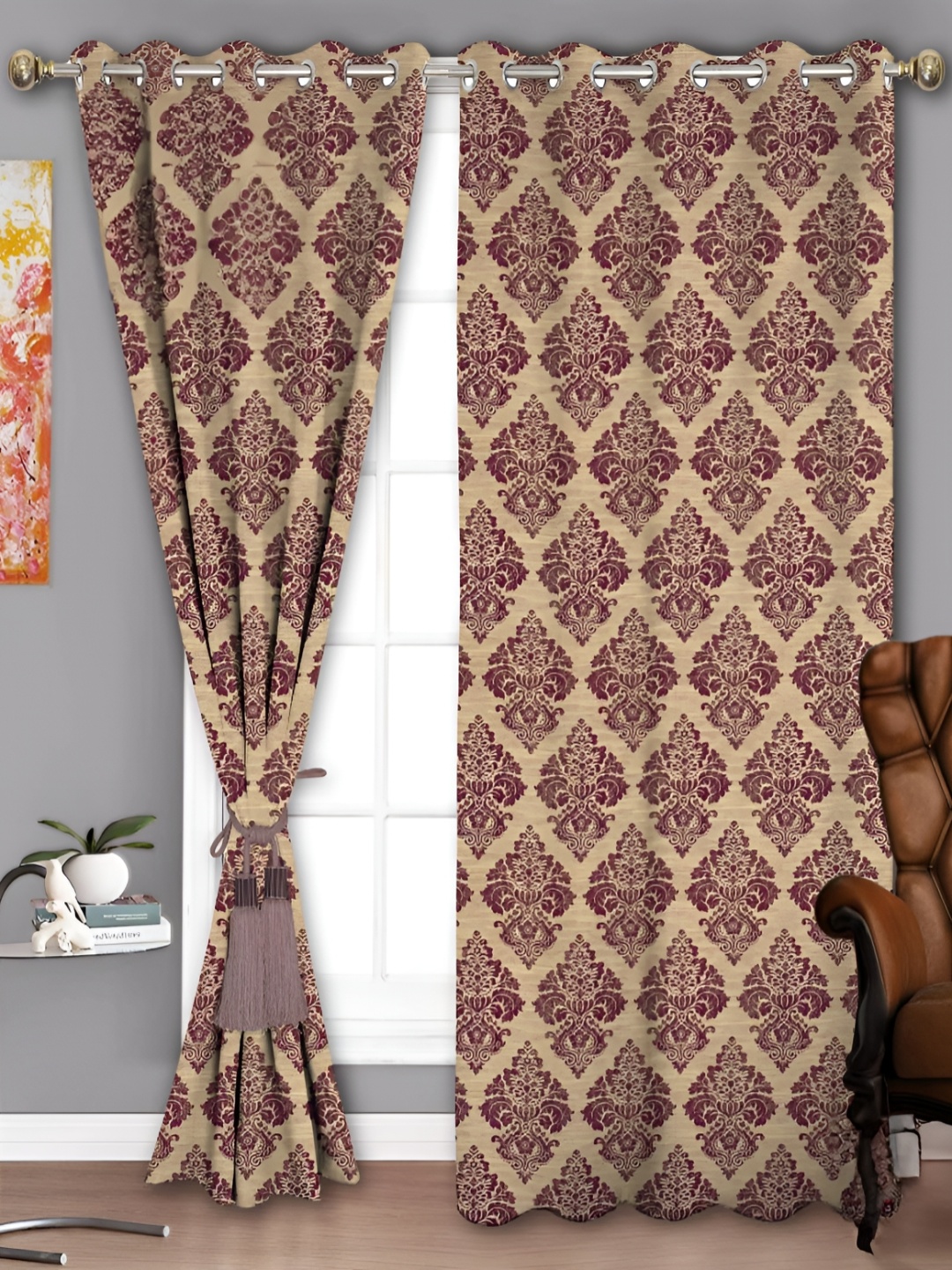 

Parda Sansar Beige & Purple 2 Pieces Ethnic Motifs Printed Room Darkening Window Curtains