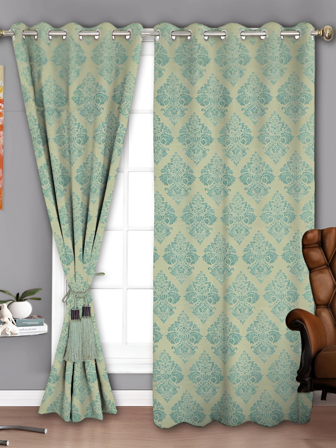 

Parda Sansar Blue & Green 2 Pieces Floral Printed Room Darkening Window Curtain